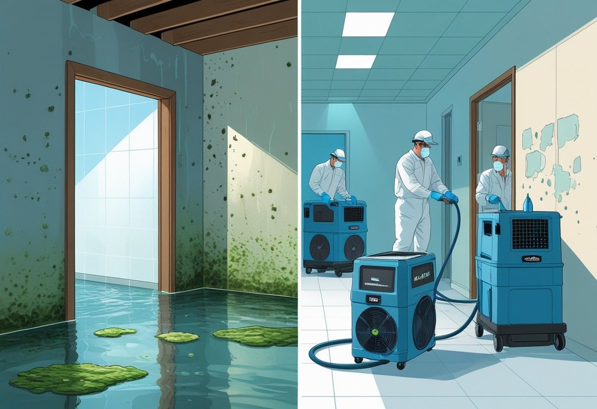 An interior space showing water damage and early mold growth on one side, and a team of professionals using equipment to dry and treat the area to prevent mold on the other side.