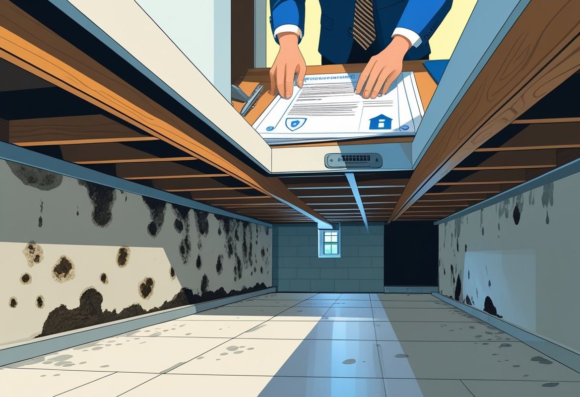 Cross-sectional view of a house showing a moldy crawl space beneath the floor and a homeowner consulting with an insurance agent about coverage.