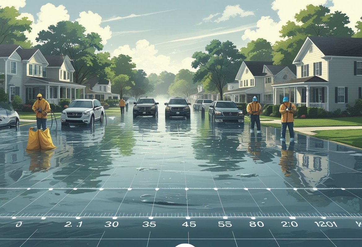 A sequence of scenes showing people documenting flood damage and cleaning up water around flooded houses during the first 24 hours after a flood.