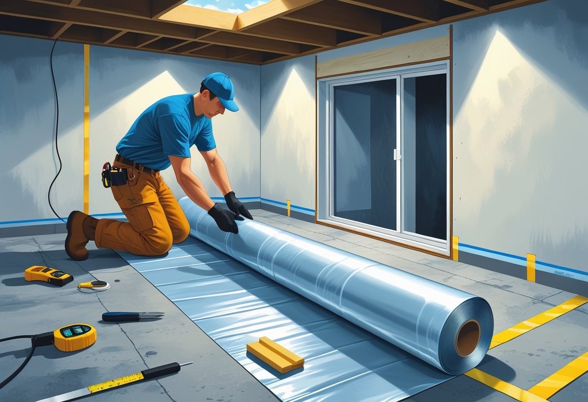 A construction worker installing a moisture barrier sheet on the floor of a basement, securing it along the edges in a clean, dry workspace.