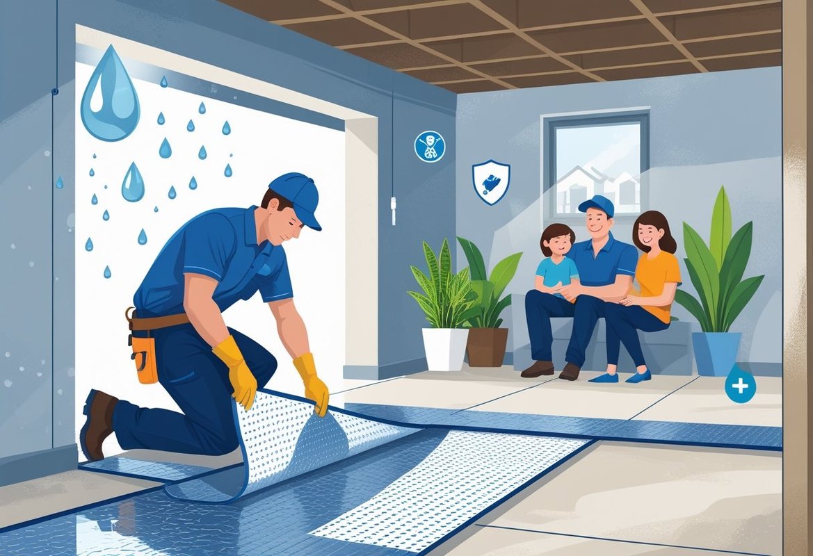 A worker installing a moisture barrier in a dry basement with symbols representing waterproofing, protection, and a healthy home environment.