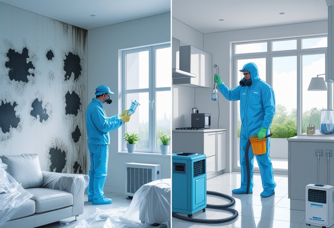 A homeowner prepares for mold remediation by inspecting mold and covering furniture, and a technician cleans and treats the mold-affected areas in a clean, well-lit home.