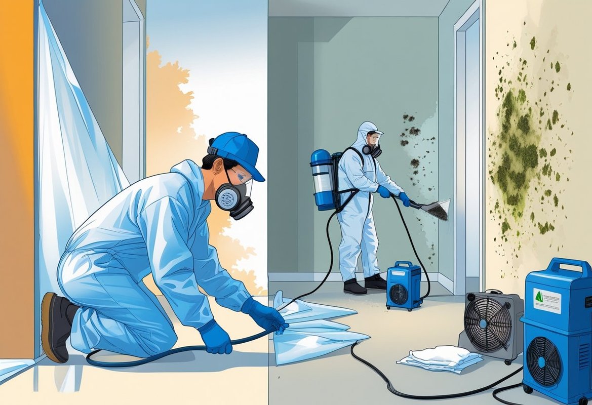 A homeowner and a technician wearing protective gear prepare and remove mold in a room, sealing off the area and using equipment to clean mold from walls.