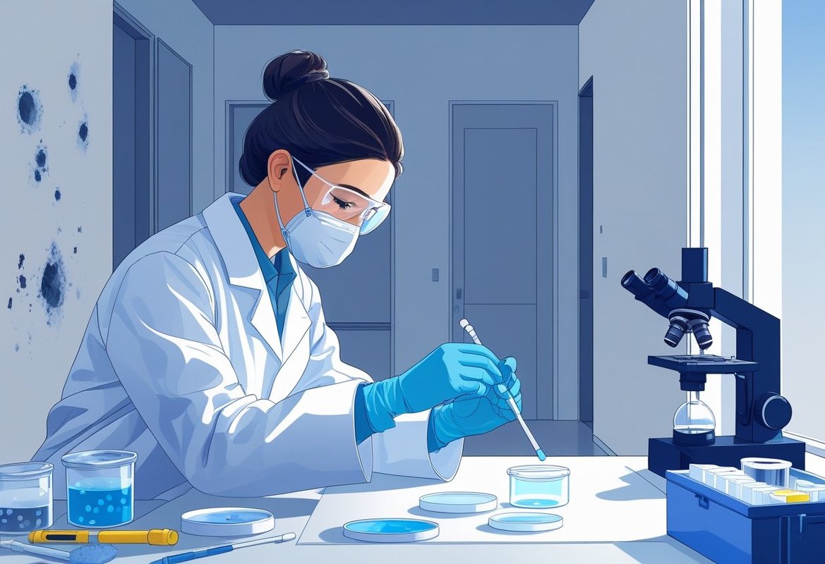 A technician in protective gear collecting mold samples in a clean indoor room after mold removal, with testing equipment visible on a table nearby.