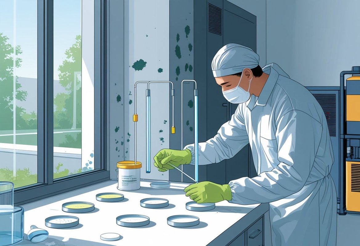 A technician wearing protective gear collects mold samples in a clean indoor space after mold remediation.