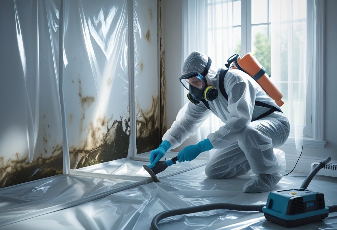 A technician in protective gear setting up plastic containment barriers around a mold-affected wall inside a home, with air filtration equipment nearby.