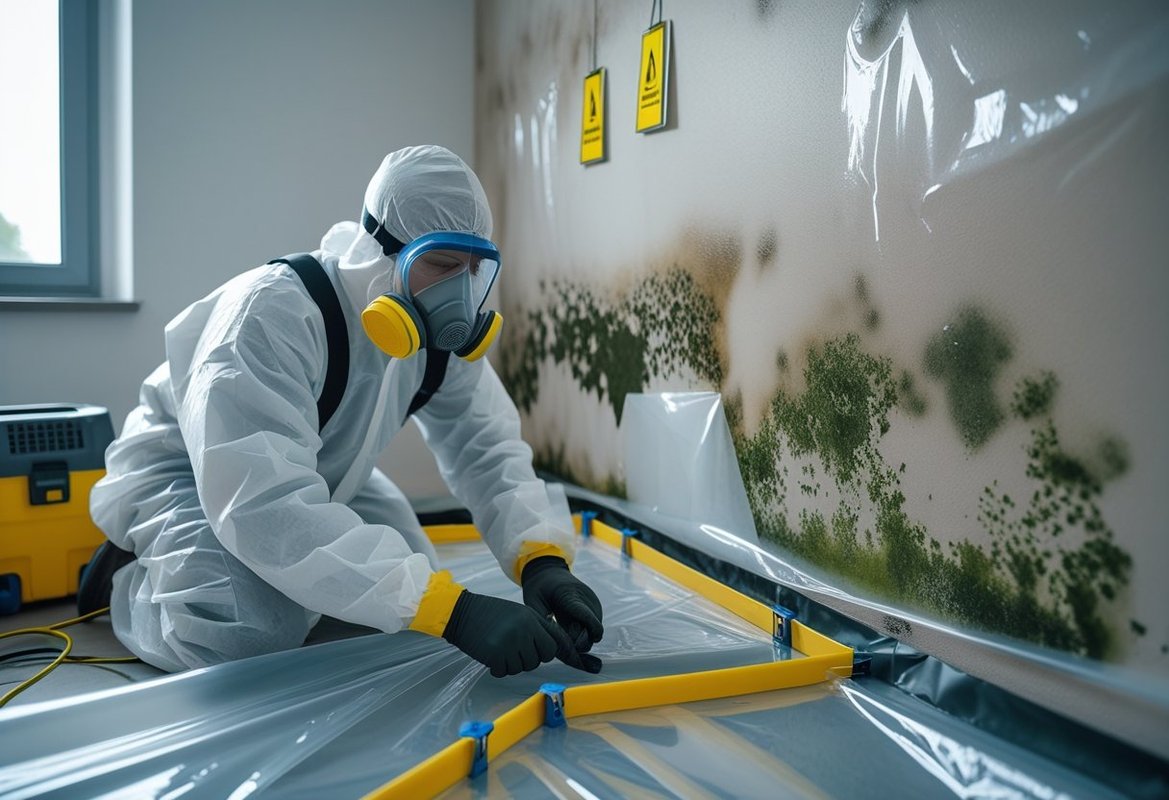 A mold remediation specialist in protective gear setting up a sealed plastic containment barrier around a moldy wall inside a room.