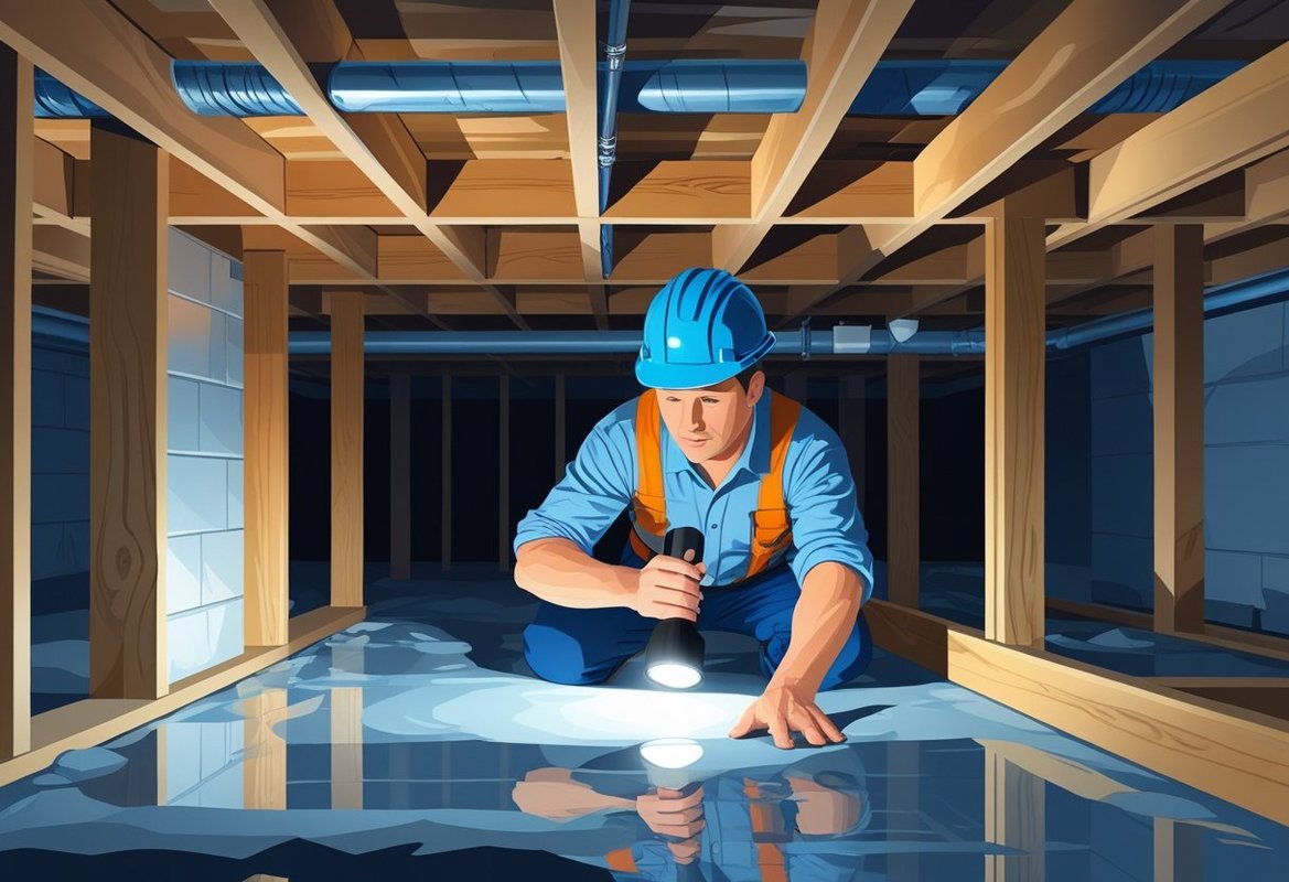 A home inspector wearing a hard hat uses a flashlight to examine the wooden beams and foundation inside a clean crawl space beneath a house.