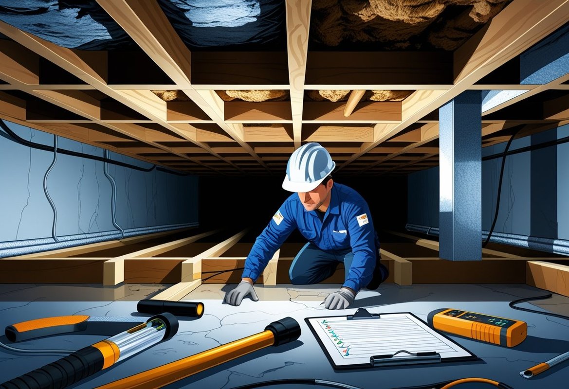 A home inspector examining the crawl space beneath a house foundation, checking wooden beams, insulation, pipes, and wiring.